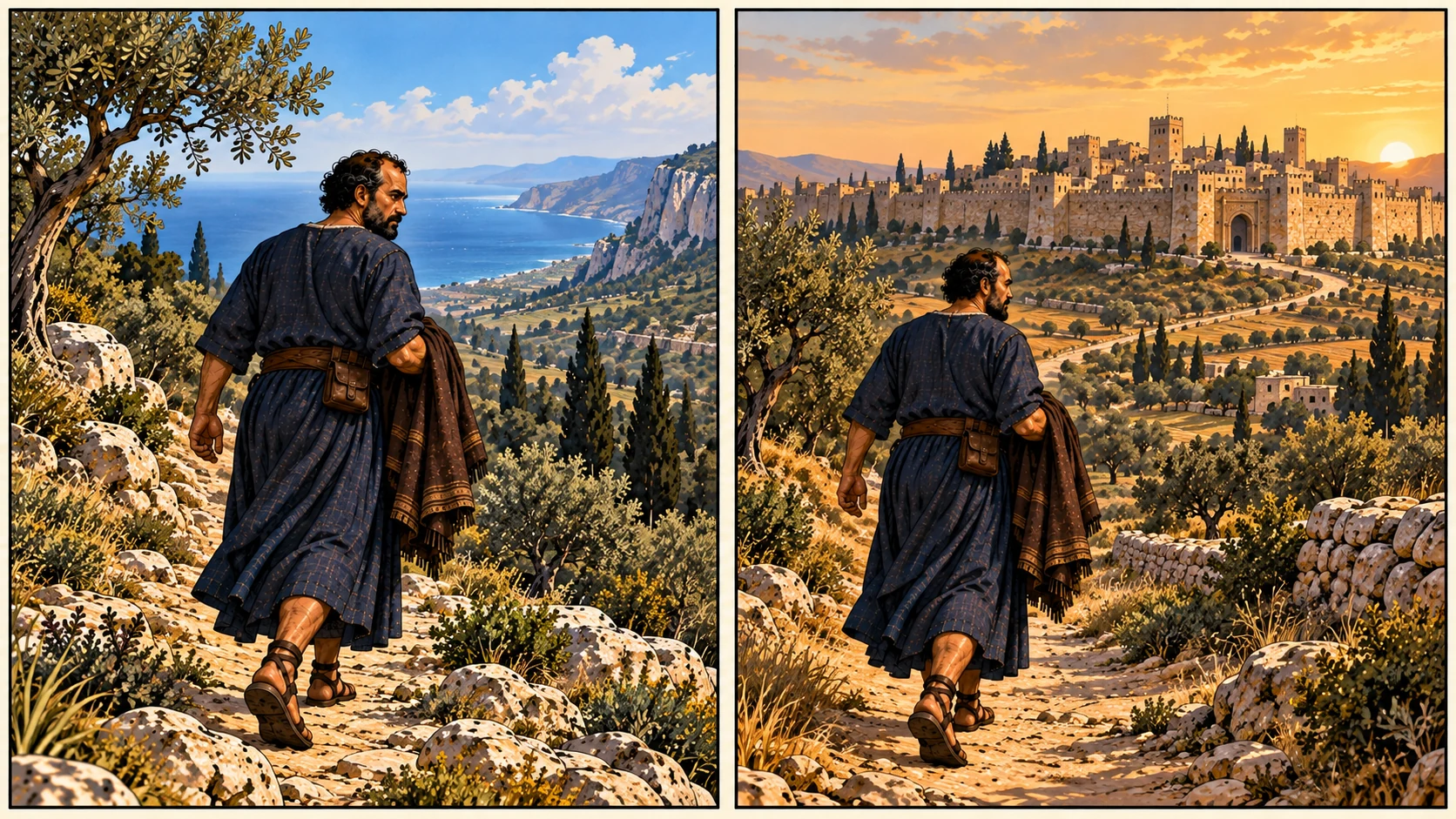 Two ordered travel frames show Carmel and the subsequent return to Samaria.