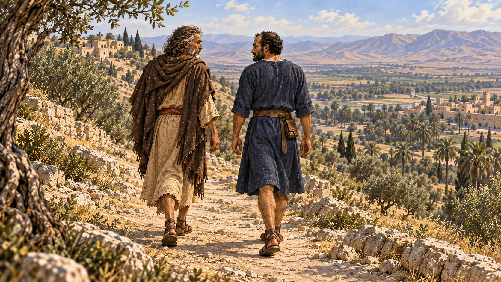 Different geography and camera: the two men descend toward Jericho.