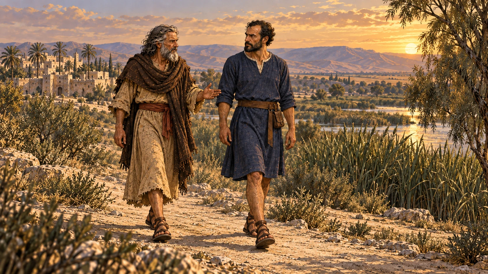 Elijah and Elisha leave Jericho for the Jordan, practical travel posture.