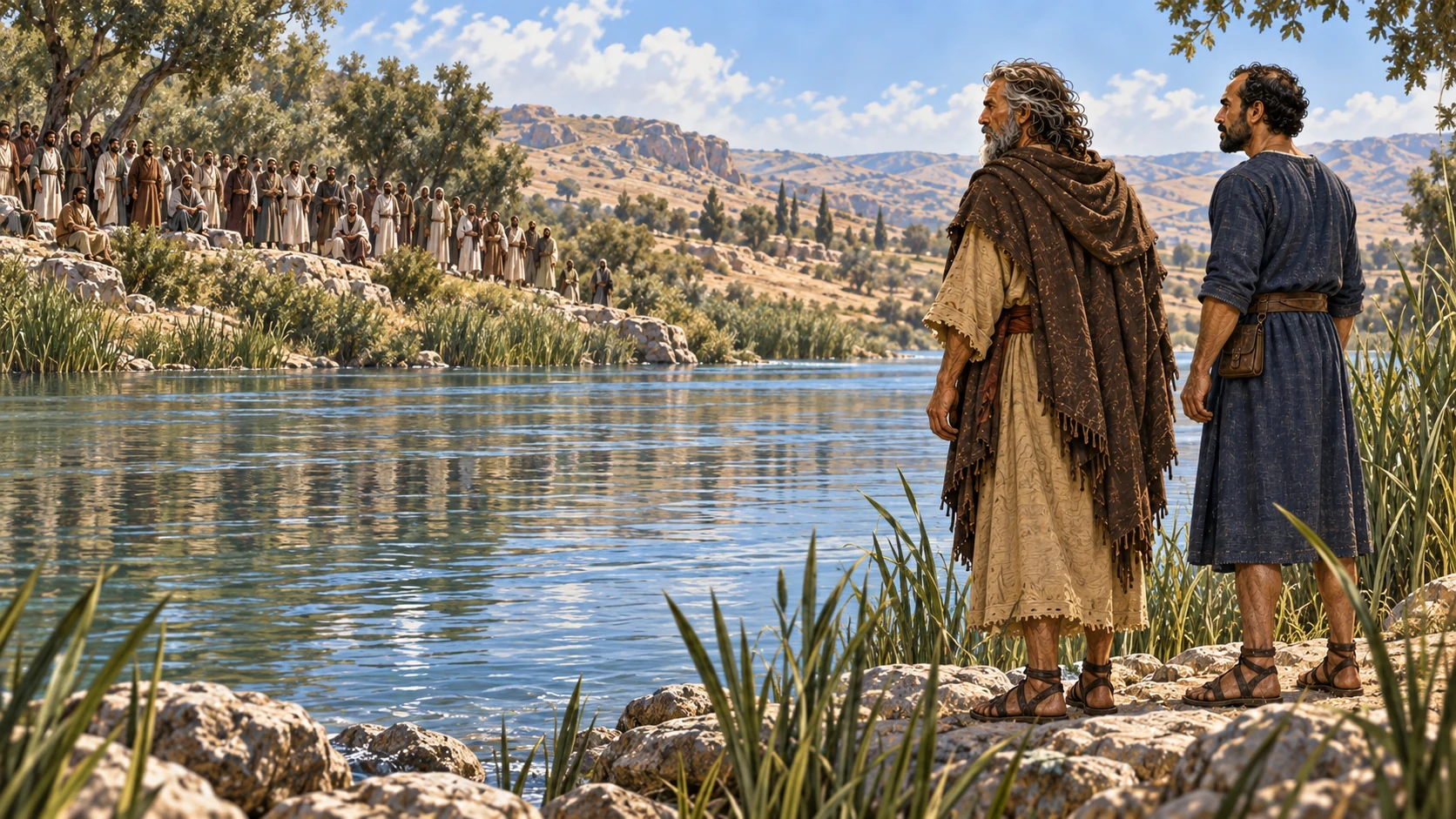 Wide river geography: prophetic company distant, Elijah and Elisha at the near bank.