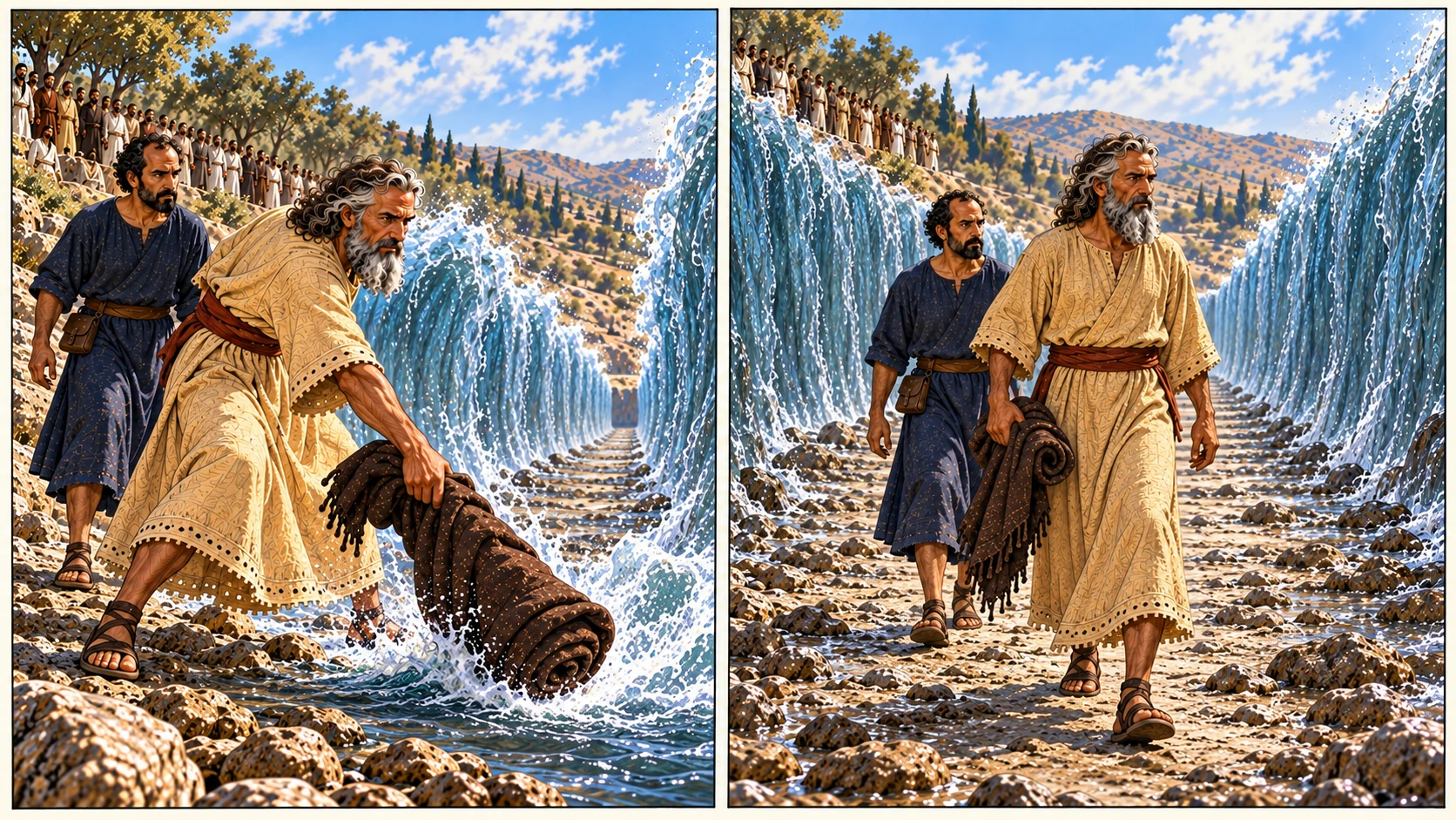 Two ordered frames: rolled cloak strikes water, then the two men cross between parted waters.