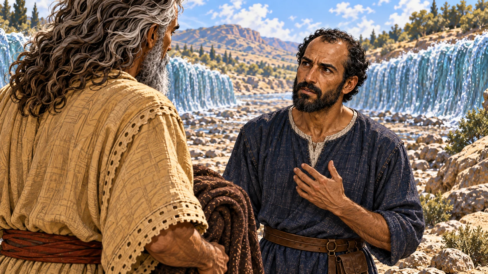 Close conversation beyond the river, with Elisha earnest and Elijah attentive.