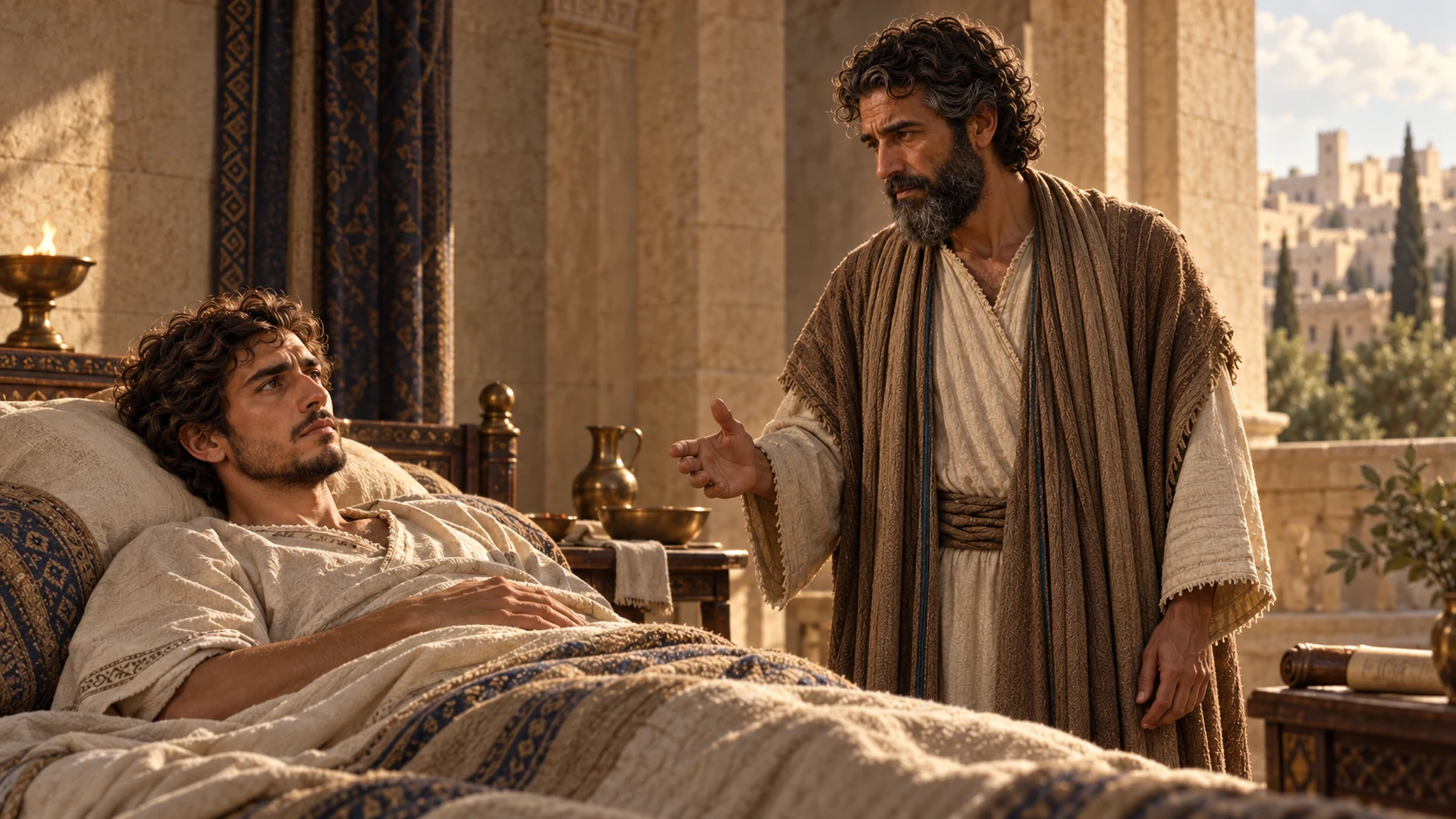 In a restrained palace sickroom, the frail Hezekiah listens to Isaiah beside his bed; no court pageantry.
