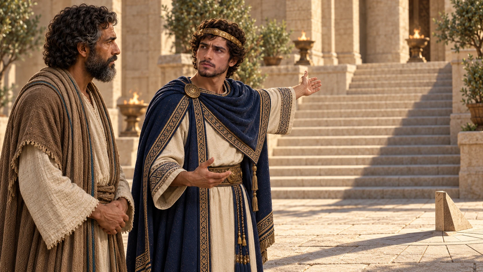 Hezekiah points back up the sunlit steps, Isaiah beside him; the shadow is still in its starting position.