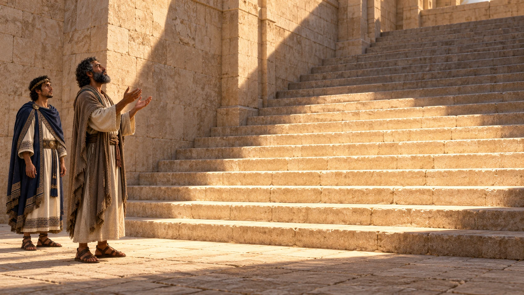 Wide view of Ahaz's stair as the shadow has visibly retreated across ten steps; Isaiah and Hezekiah are small witnesses, no personified deity.