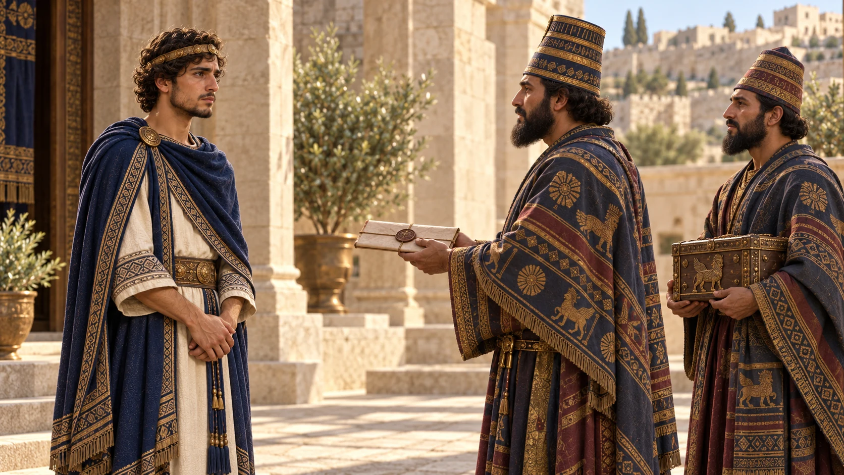 Babylonian envoys bring a sealed unlettered letter and a modest gift to Hezekiah in Jerusalem; their king is absent.