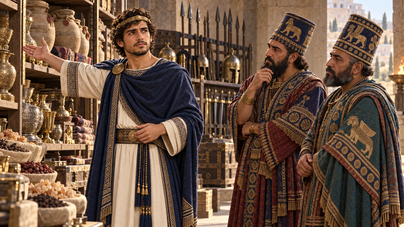 Hezekiah leads Babylonian envoys through a storeroom with gold, spices, fine oil, and weapons; they observe carefully.