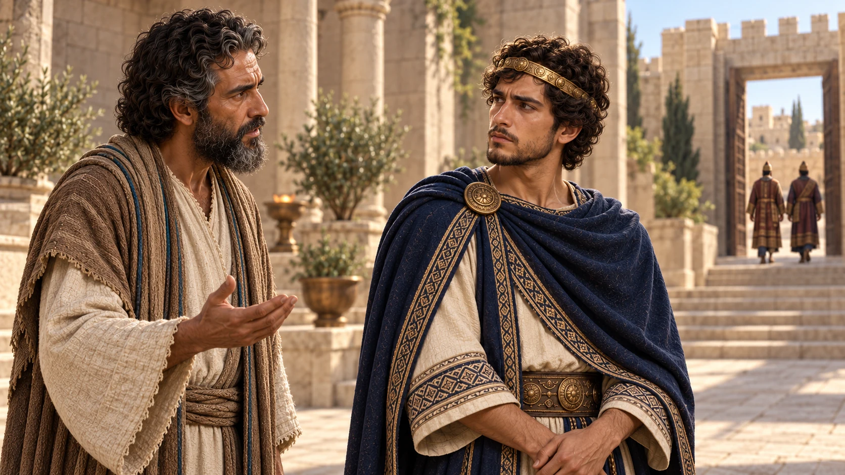 Isaiah meets Hezekiah after the visit, with departing Babylonian envoys glimpsed at a distant gate.