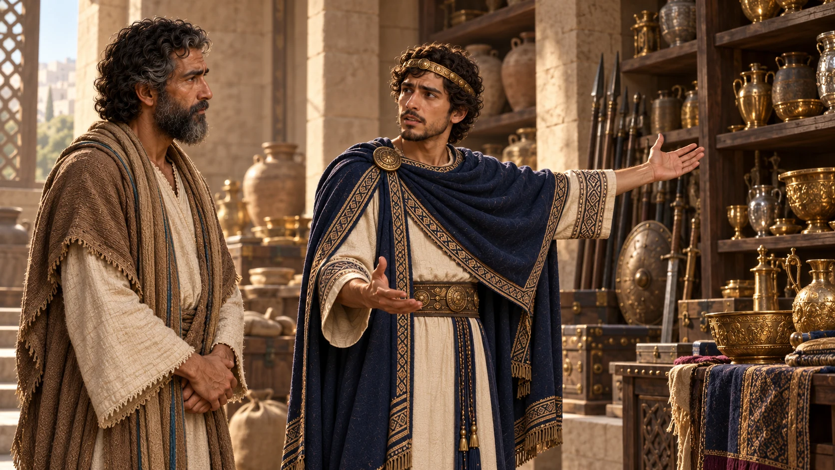 Hezekiah answers Isaiah in an open storeroom, gesturing to its shelves; the prophet's reaction is sober.