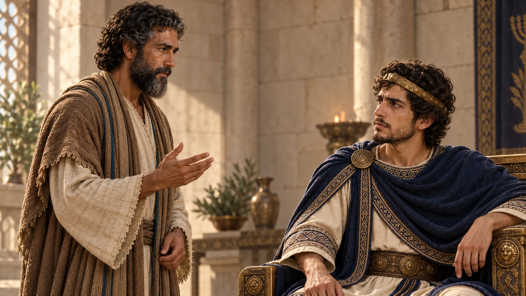 A quiet two-person confrontation in the palace, Isaiah speaking and Hezekiah attentive; no visualized future event yet.