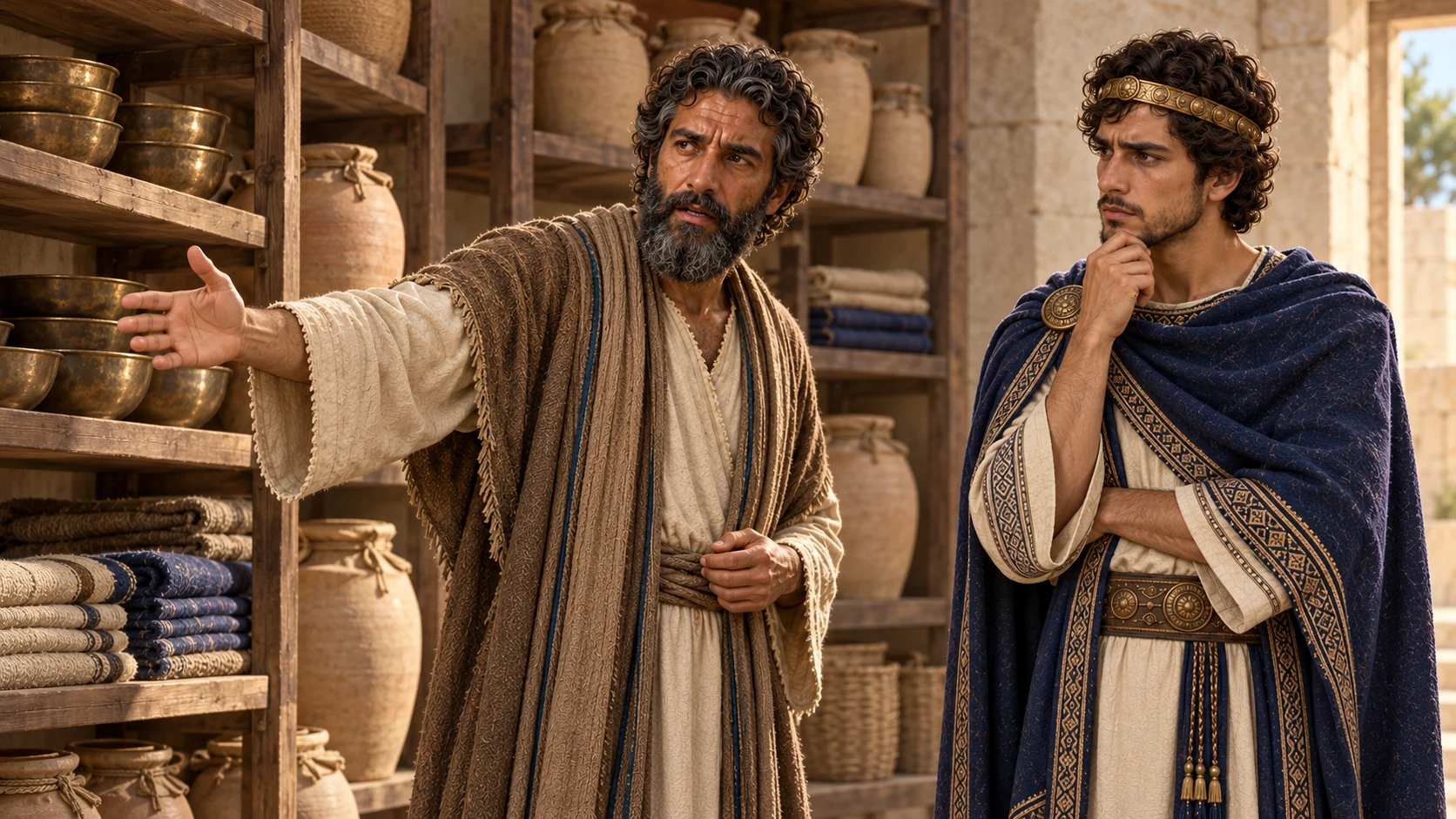 Isaiah points toward the open treasury as Hezekiah recognizes the warning; show the future only as ominous implication, not a present seizure.