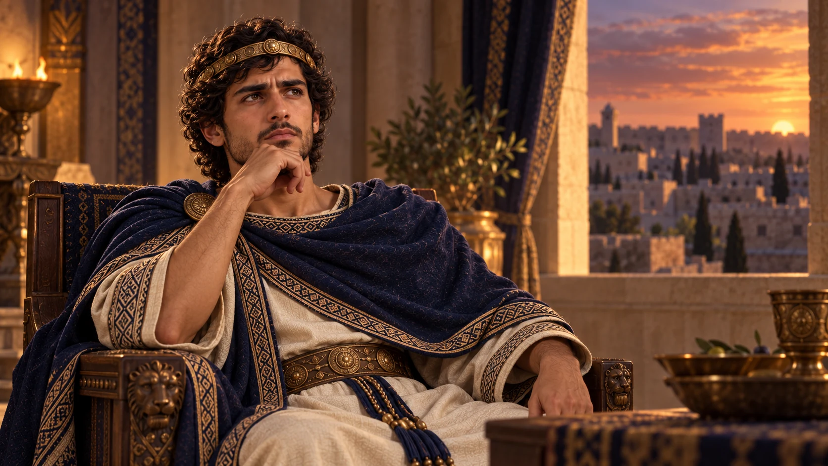 Hezekiah sits in the quiet palace after Isaiah leaves, contemplative and morally complicated, with Jerusalem at dusk.