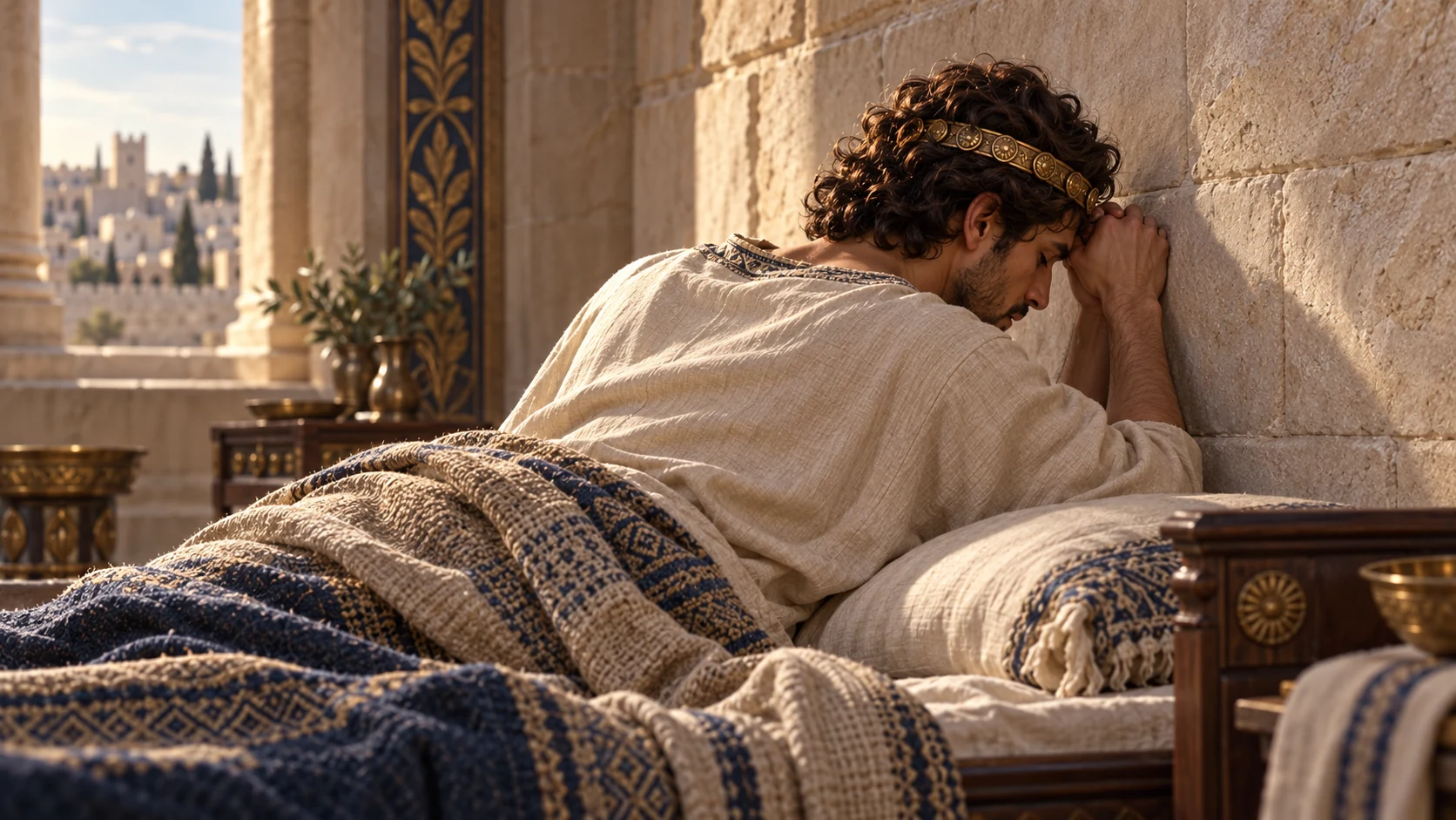 Hezekiah lies alone in simple linen, facing the limestone wall, with daylight falling across his bedding.
