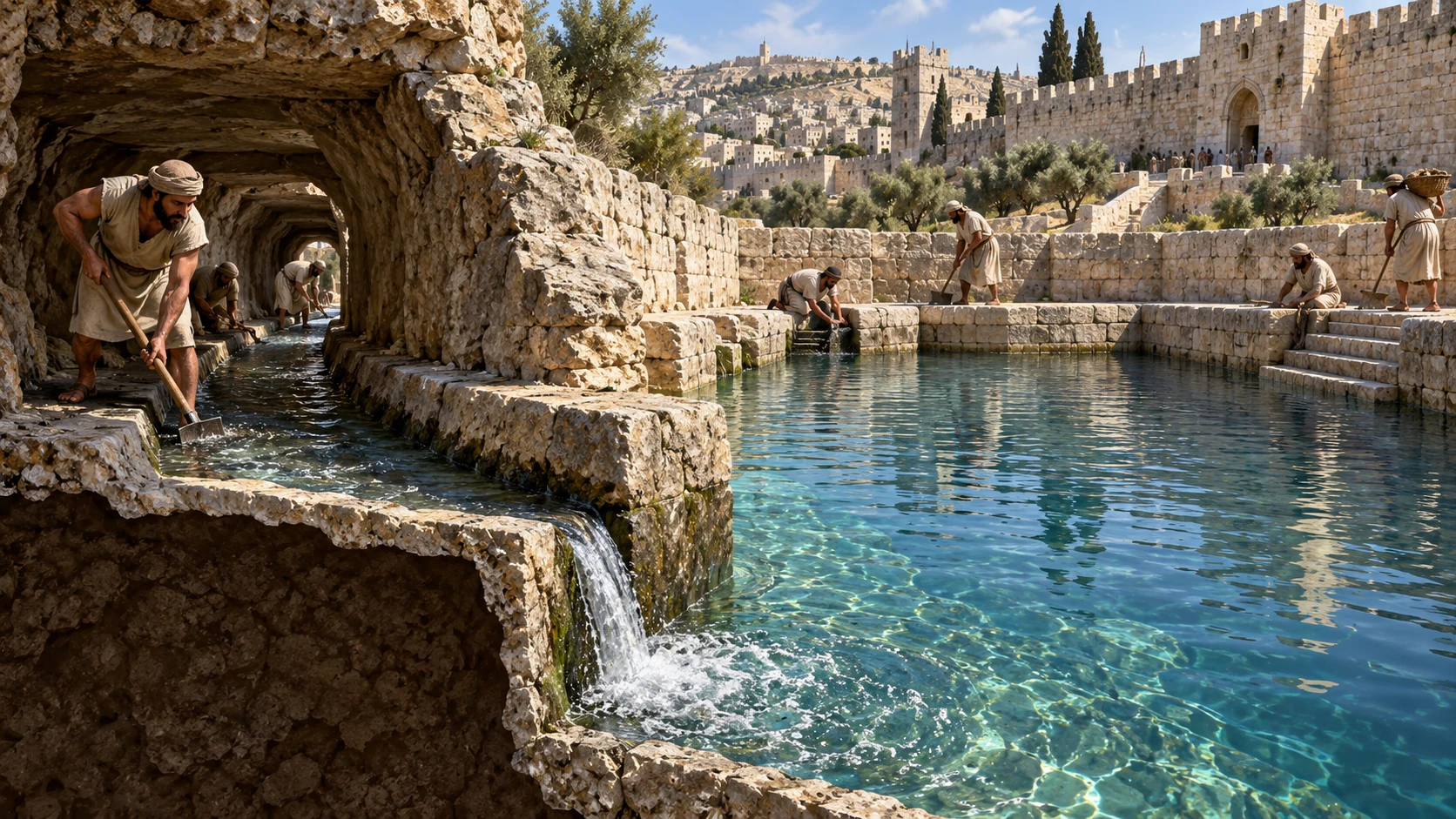 Cutaway-like cinematic scene of Judahite workers tending a stone water conduit feeding a Jerusalem pool, historically grounded and unlettered.