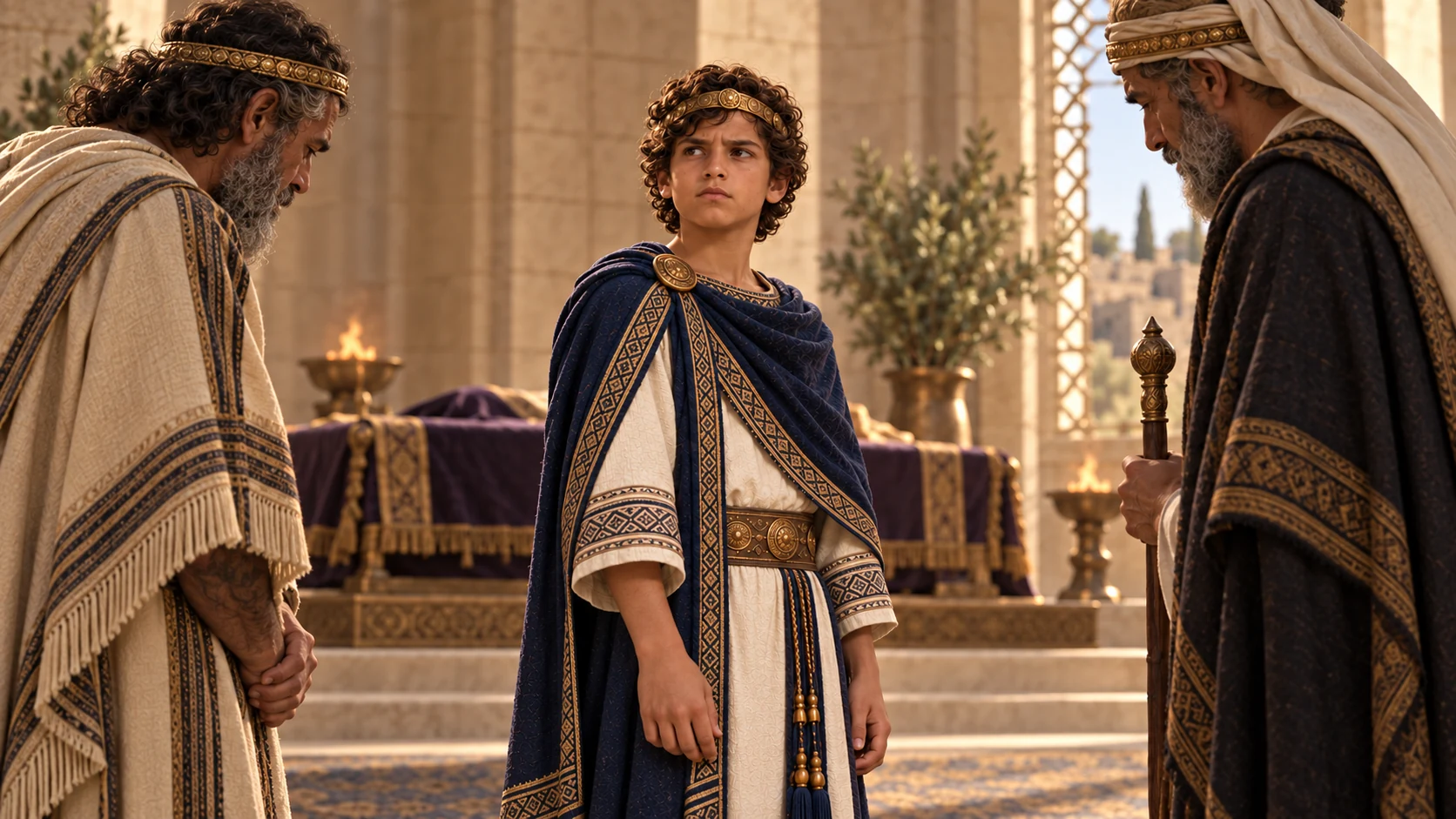 Respectful non-graphic succession: twelve-year-old Manasseh in his canonical indigo mantle stands before Judahite elders; his father's draped bier remains in the background.