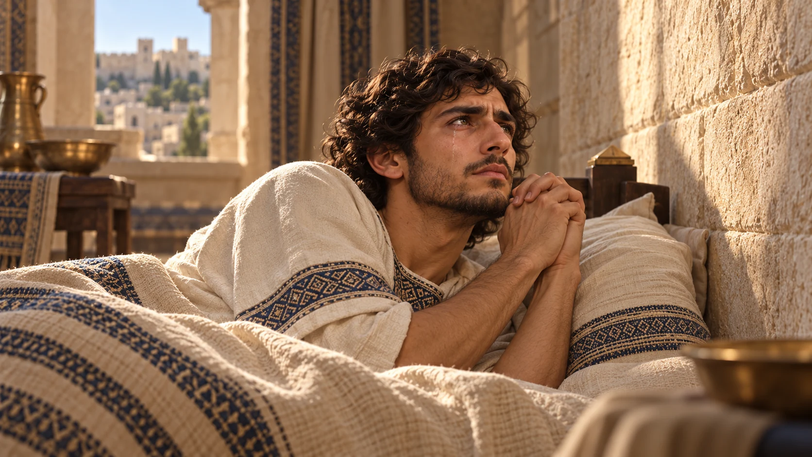 Intimate close scene of Hezekiah's tearful prayer from the bed, without a visible divine figure.