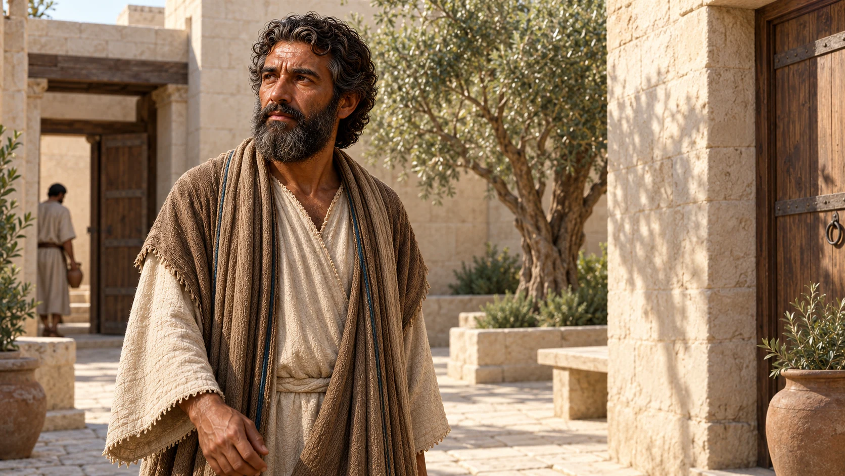 Isaiah stops in the middle palace court, listening inwardly amid ordinary attendants and stone colonnades.