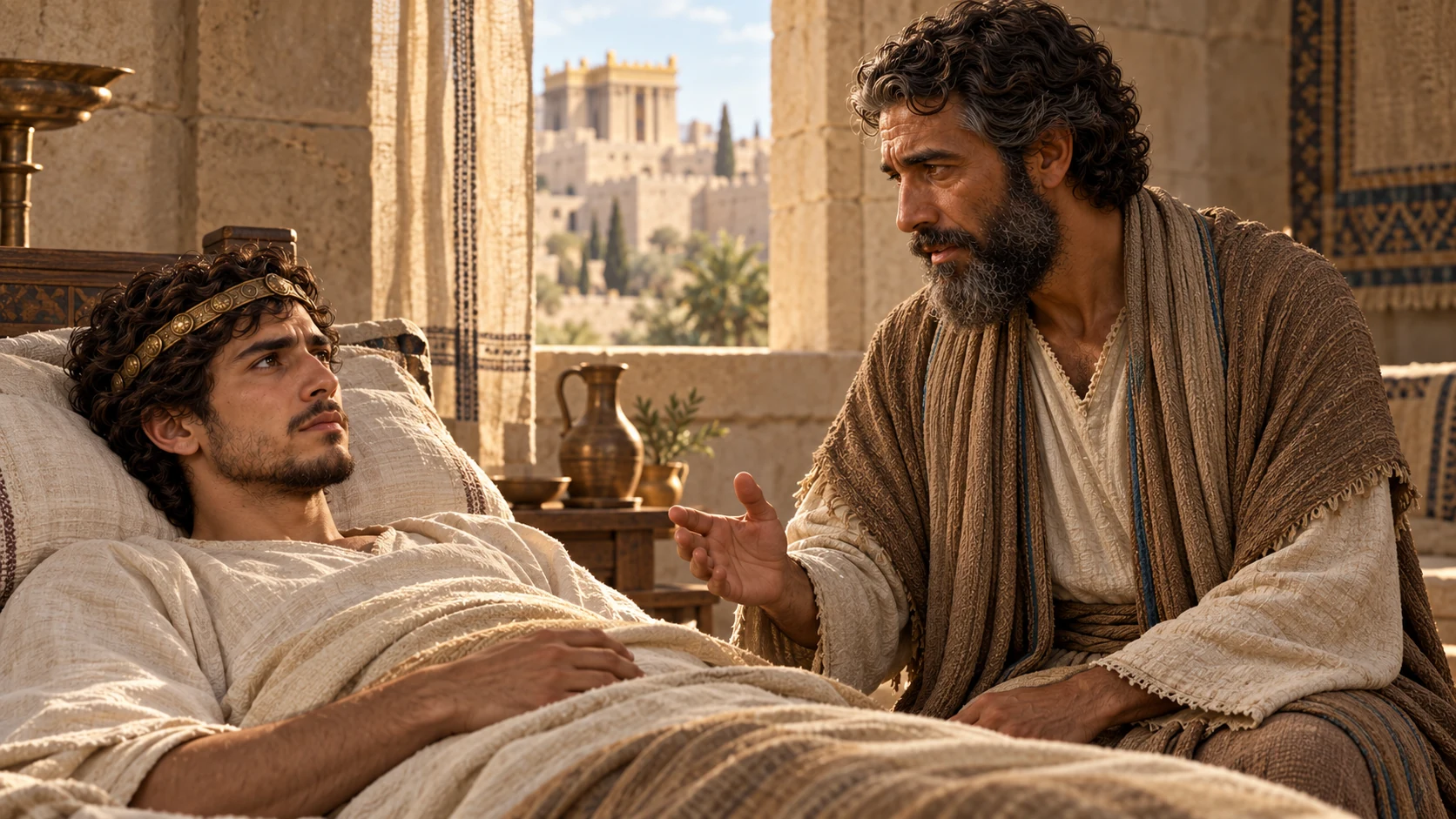 Isaiah speaks gently at Hezekiah's bedside; a distant temple roof is visible through the window.