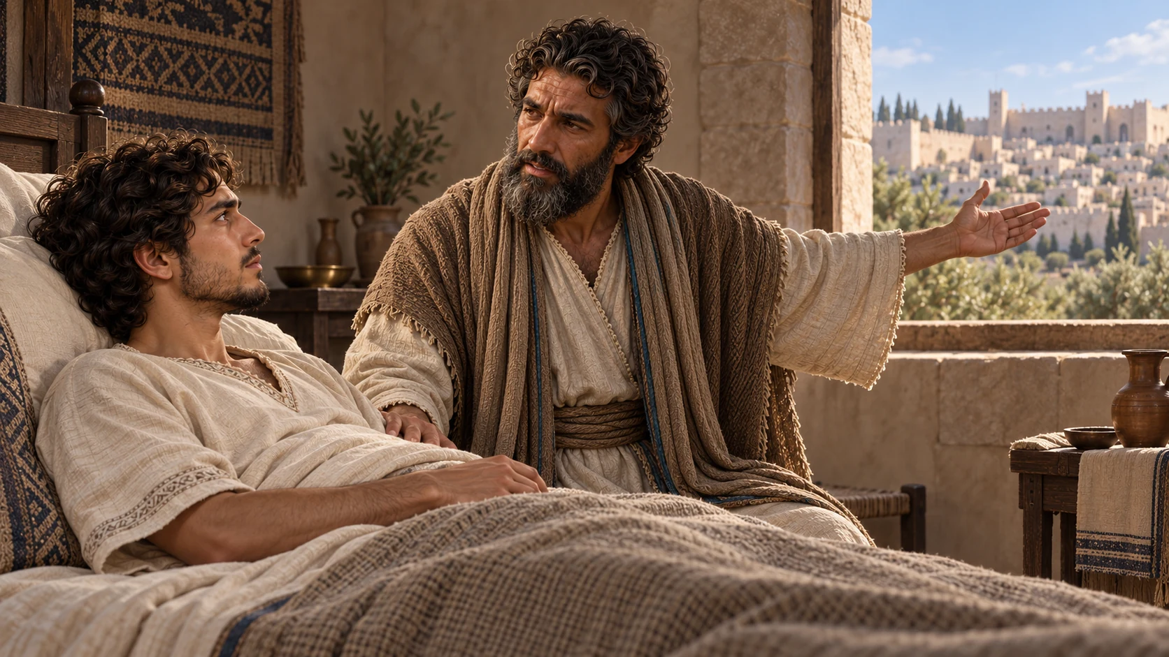 Hezekiah listens as Isaiah gestures toward sunlit Jerusalem; keep the future years and defense as promise rather than accomplished event.