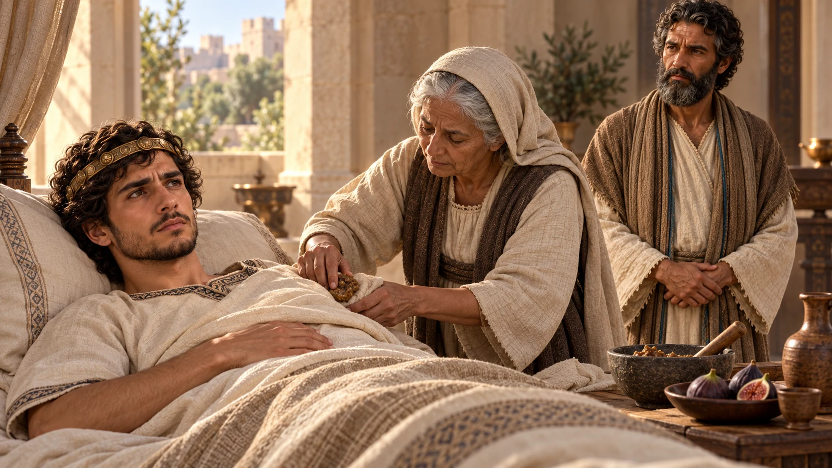 An attendant applies a cake of figs to Hezekiah's covered side while Isaiah watches; discreet medical scene.