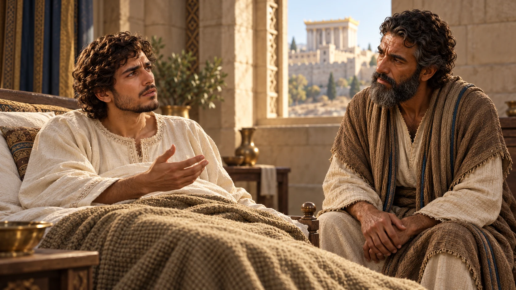 Hezekiah, upright but weak, asks Isaiah a question in the sickroom; the temple path beyond his window is visible.