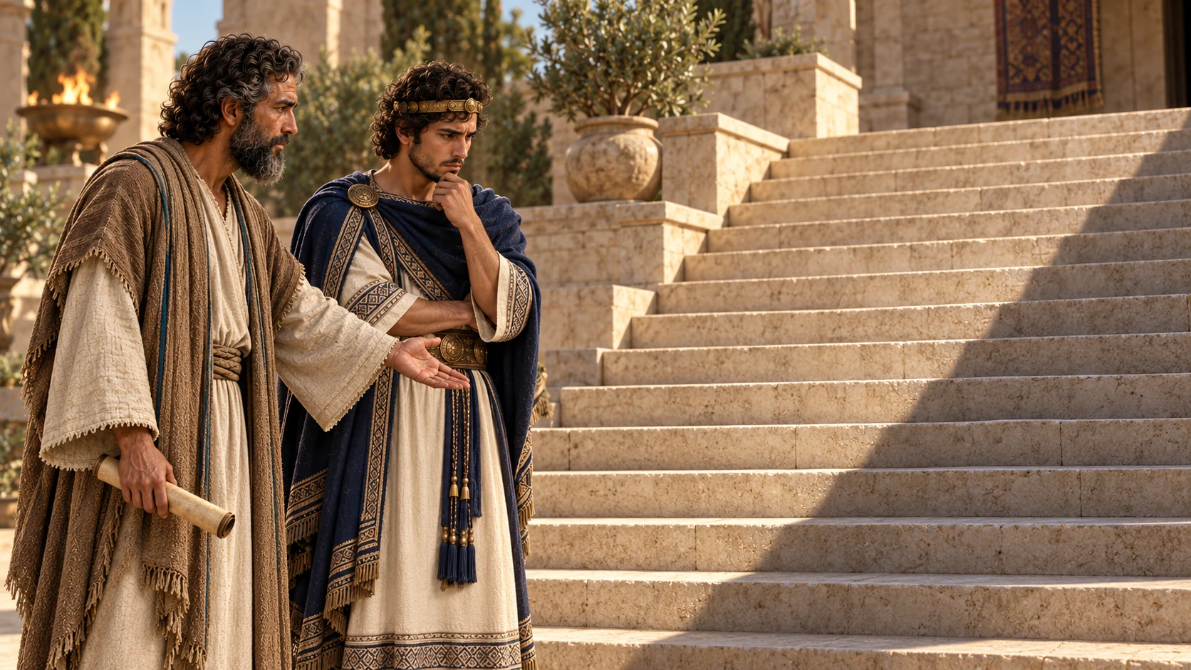 Isaiah and Hezekiah study the sharp afternoon shadow on a broad stone stair, poised before the sign.