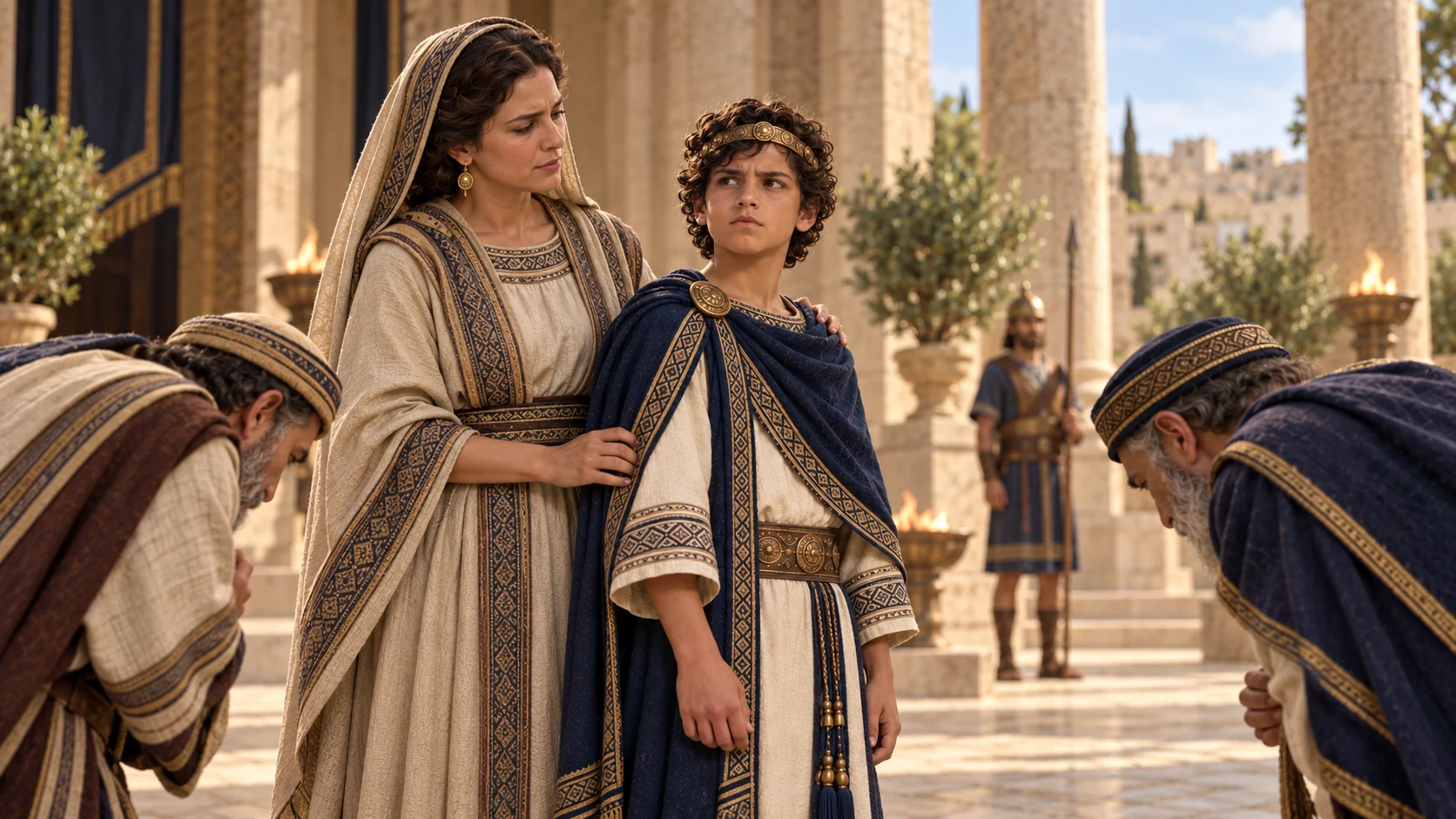 The child Manasseh from chapter 20 stands beside his mother Hephzibah before Judahite elders; no adult version in this scene.