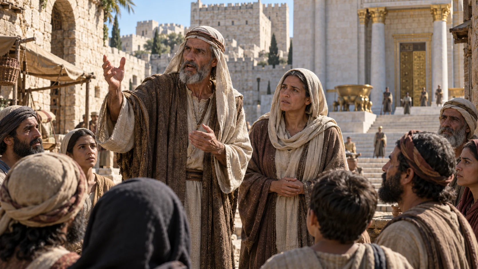 Two ordinary-clothed unnamed prophets address Judahite listeners in a street near the temple; no Isaiah likeness or visible deity.