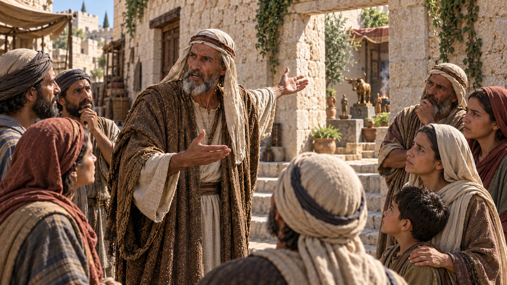 An unnamed prophet speaks before a troubled crowd; Manasseh's recent altars are visible in the background as evidence, not a future vision.