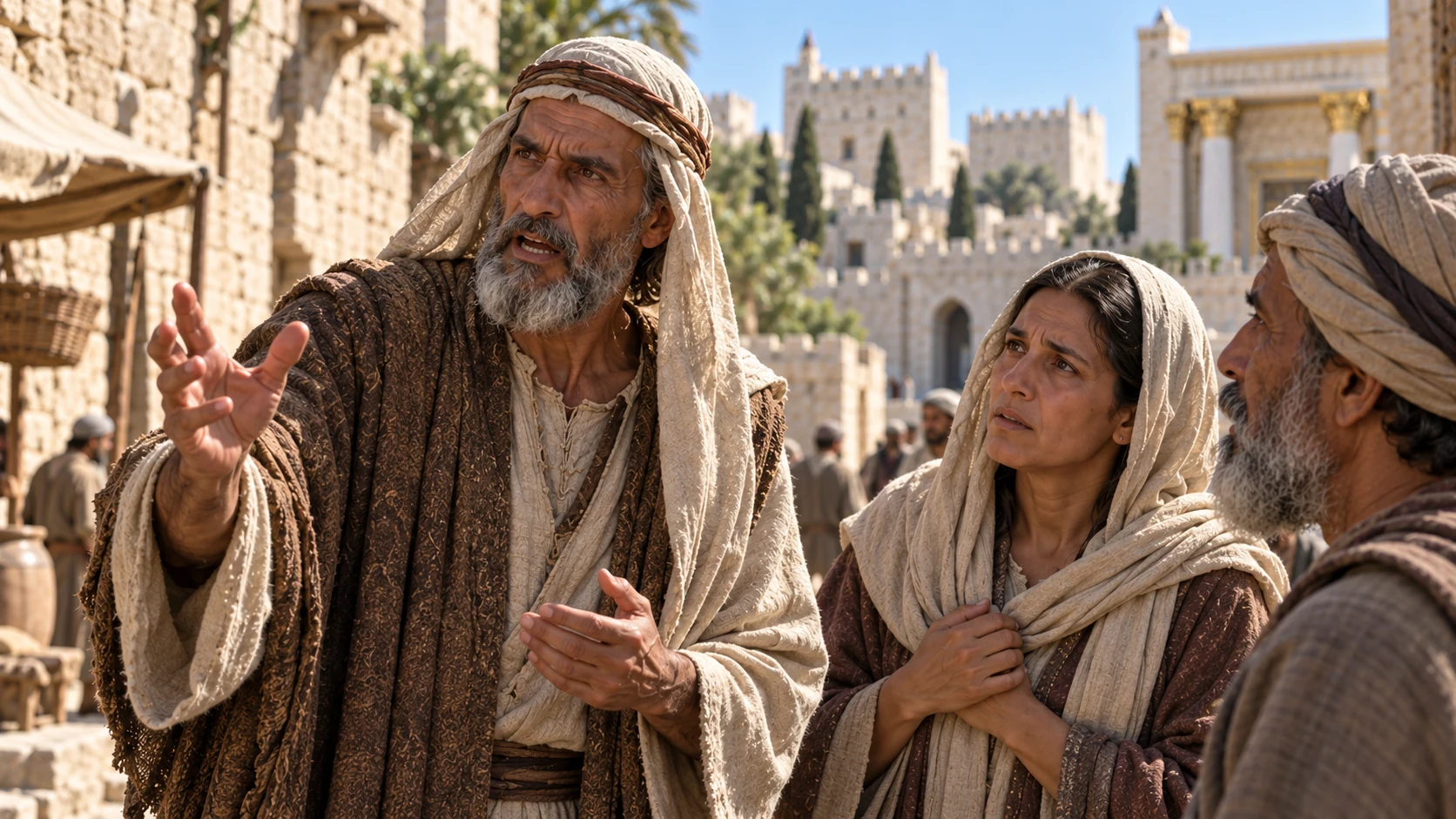Close human scene of an unnamed prophet's sober warning and alarmed Jerusalem listeners; do not show disaster already occurring.