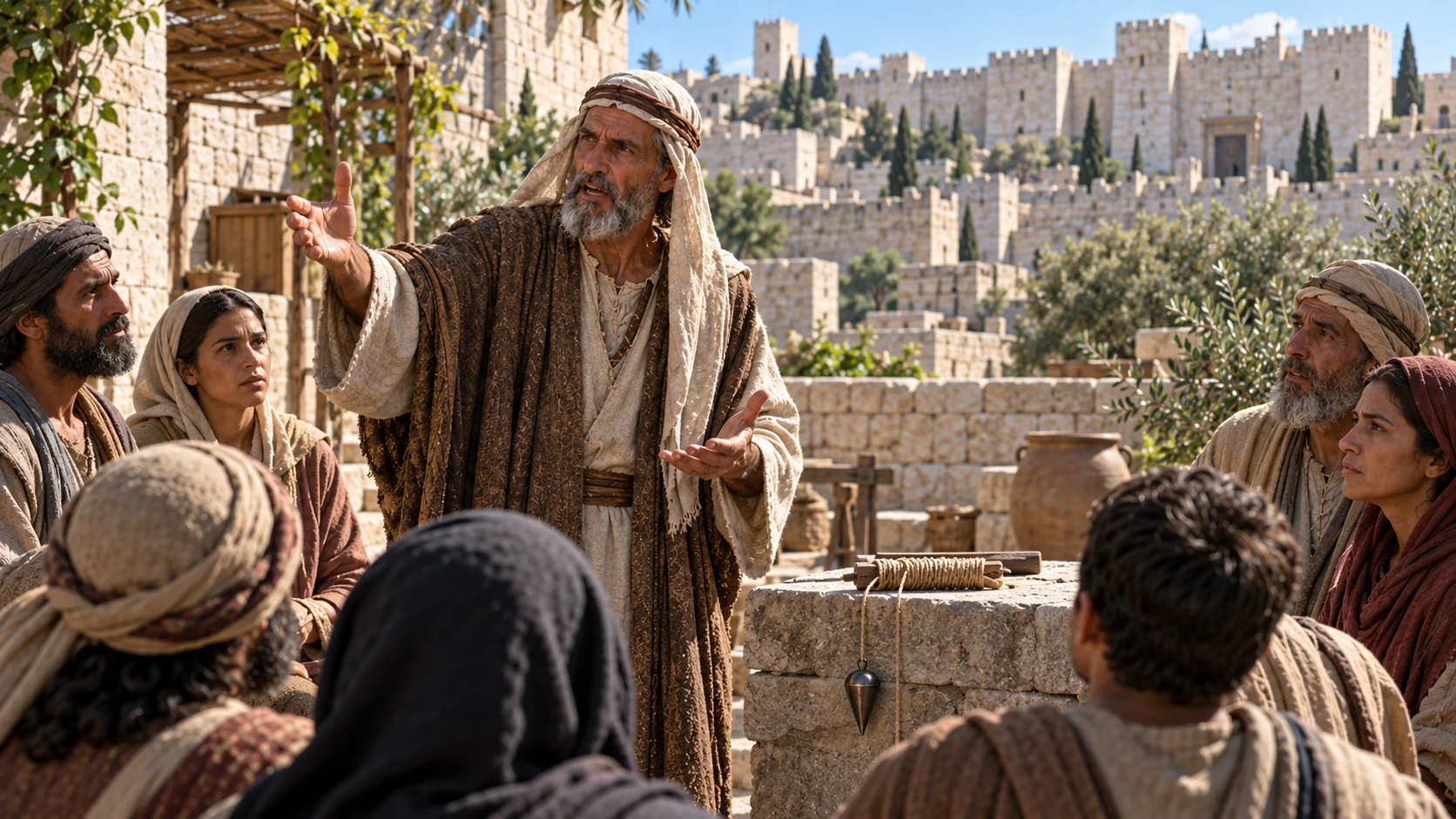 A surveyor's plain cord and plumb line lie beside the prophets as a restrained metaphor; Jerusalem remains intact, no literal giant dish.