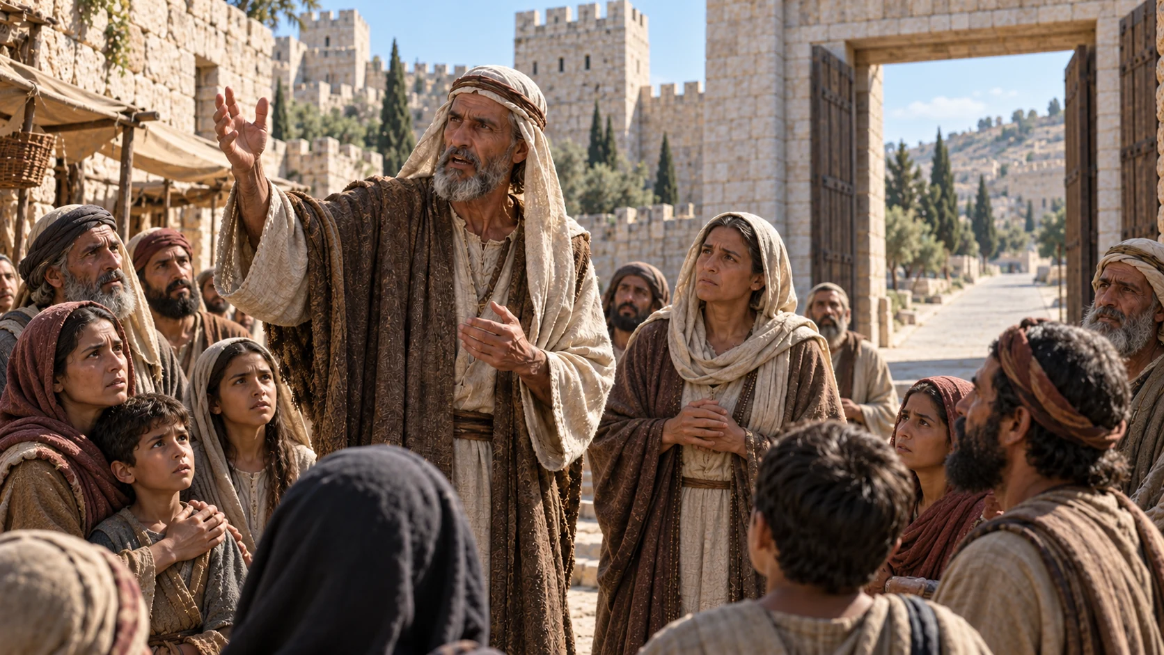 Families listen anxiously at a Jerusalem gate while unnamed prophets speak; no enemy capture or plunder yet.