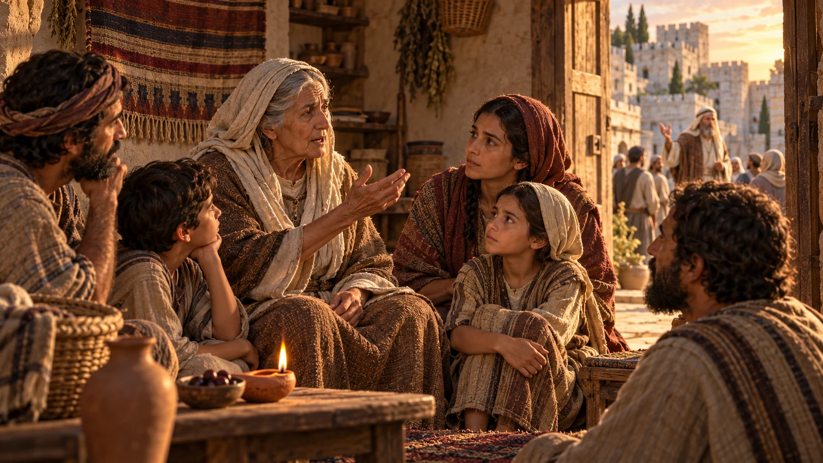 An elder recounts ancestral memory to a small household beside the prophet; no fabricated exodus flashback or visible deity.