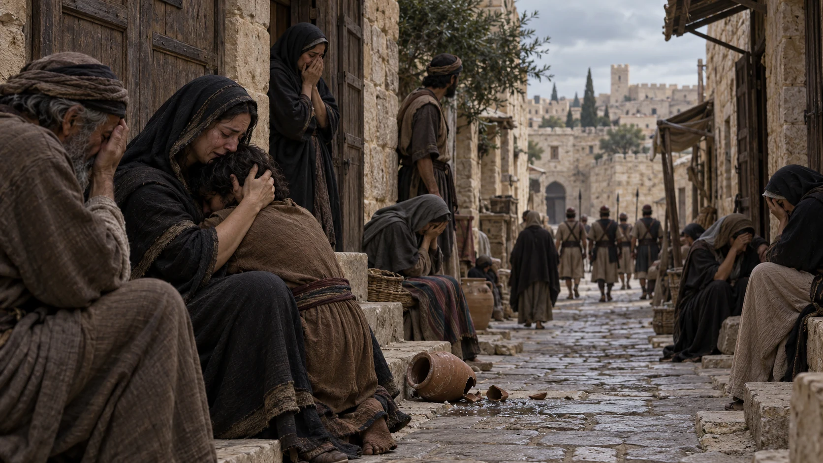 A restrained aftermath in a Jerusalem street: grieving families and shuttered doors while adult Manasseh's distant guard passes; no bodies or gore.