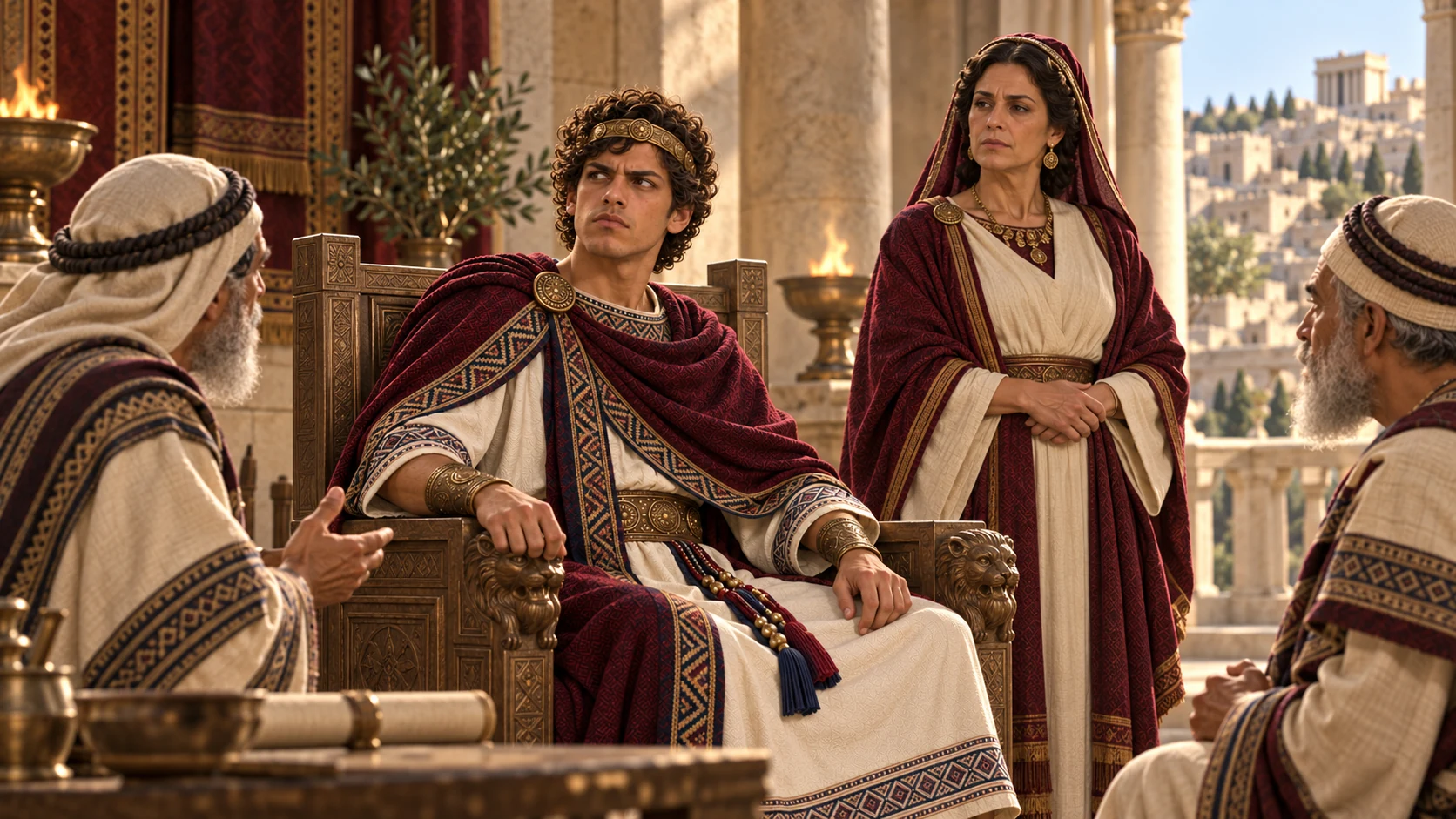 Twenty-two-year-old Amon in his burgundy mantle sits before Judahite elders; his mother Meshullemeth appears as a mature secondary figure.