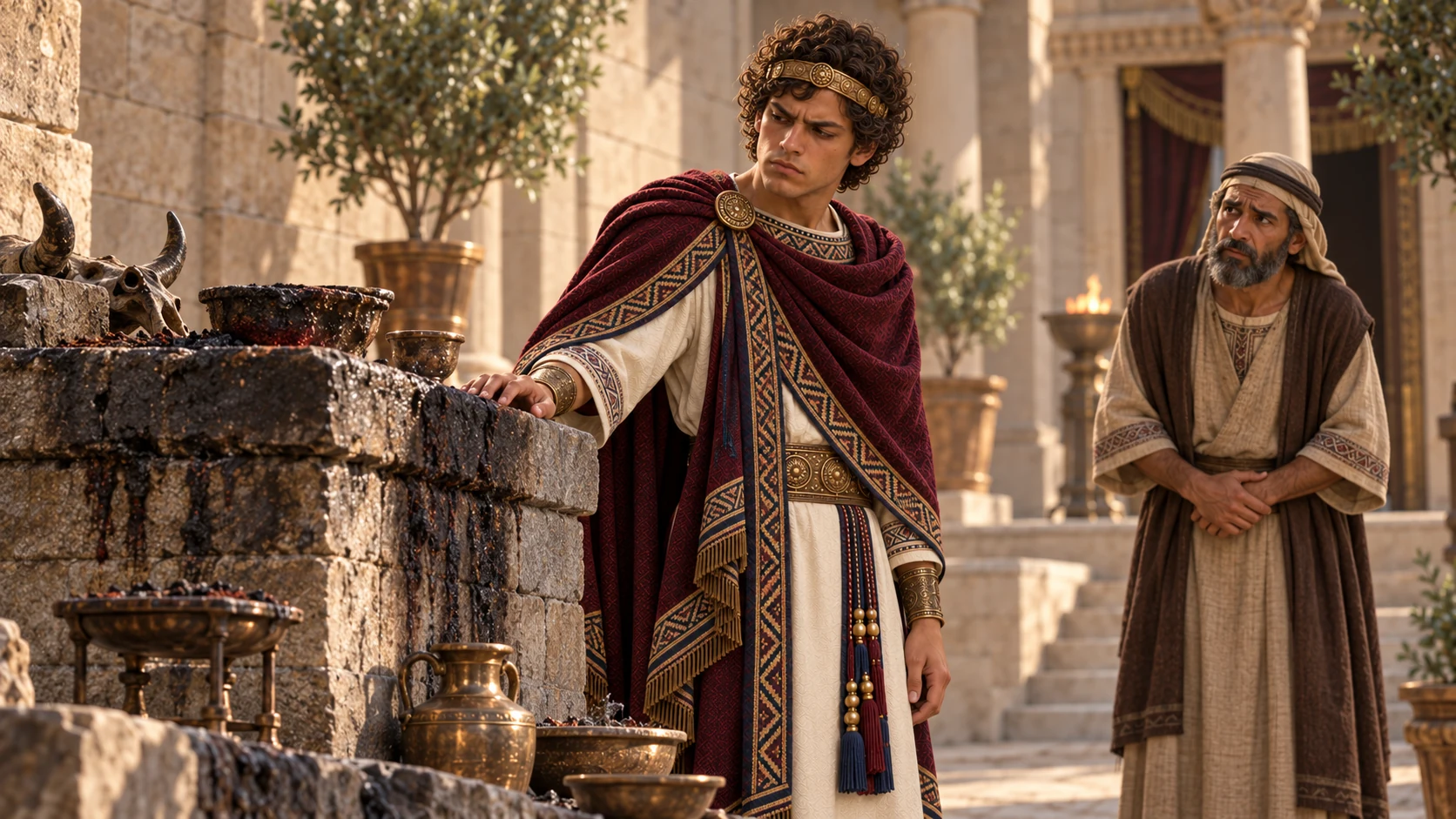 Amon inspects one of the altars left by Manasseh, his distinct face and burgundy dress clear.