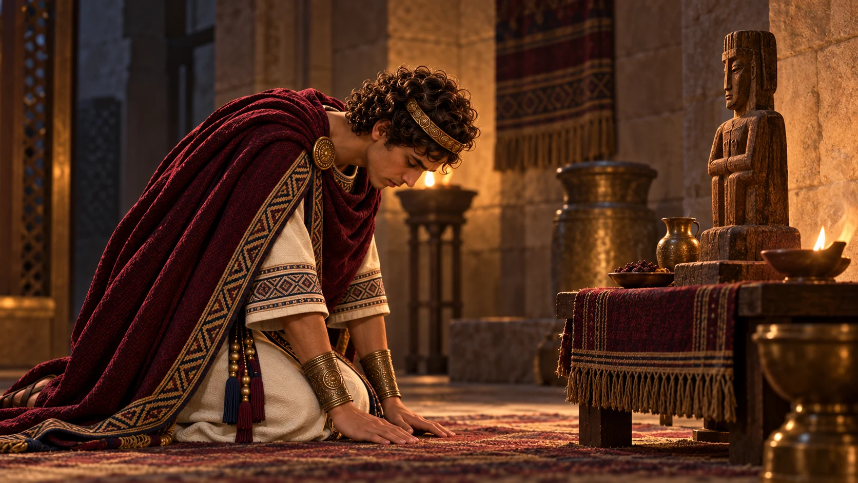 Amon bows before a carved ritual object in a darkened court; show one coherent period scene, no divine embodiment.
