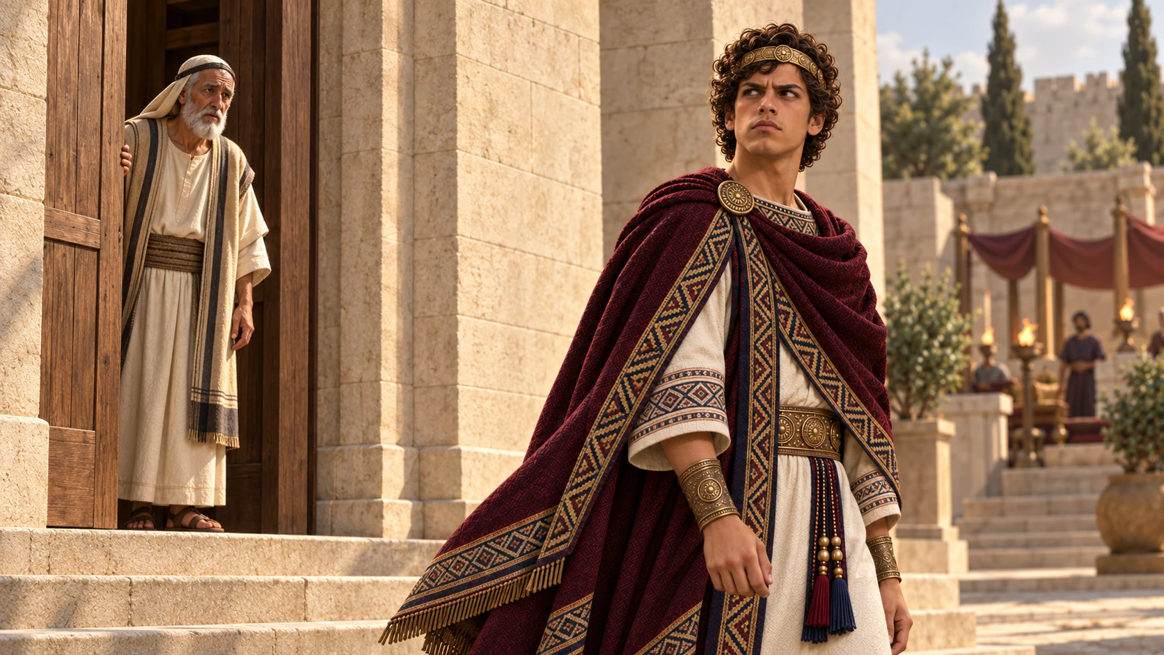 Amon walks away from the temple entrance toward his own ceremonial court; sober tone, no glowing divine figure.