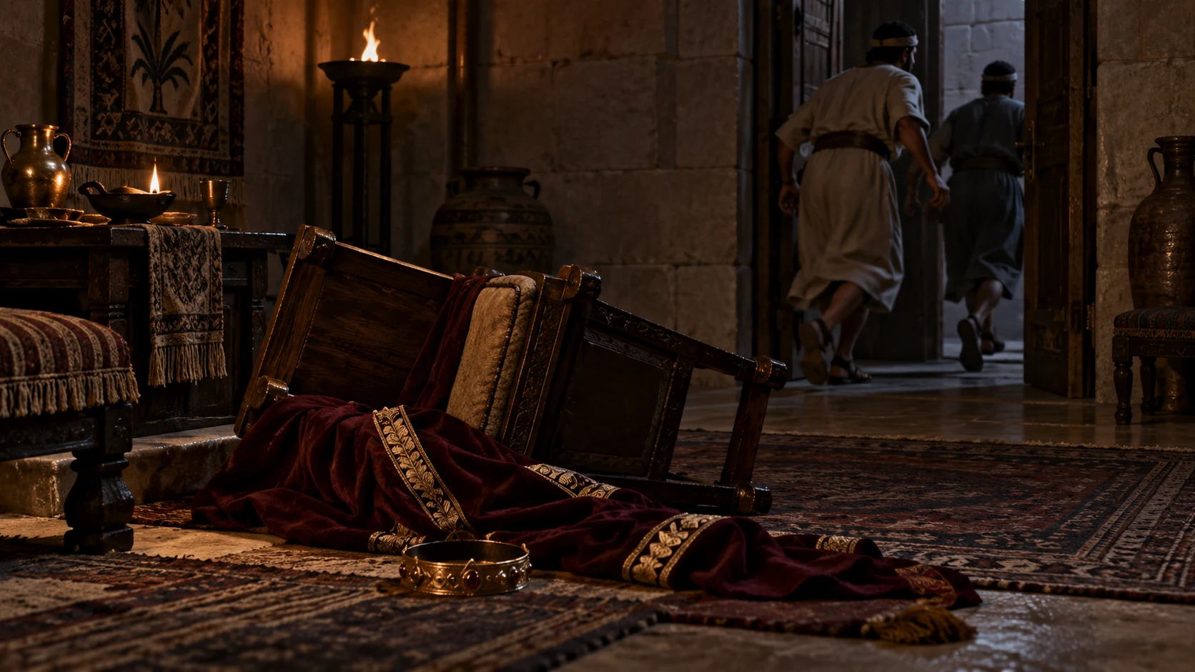 Non-graphic palace aftermath: conspirators retreat through a dim door while Amon's fallen burgundy mantle and overturned chair imply his death; no body or gore.