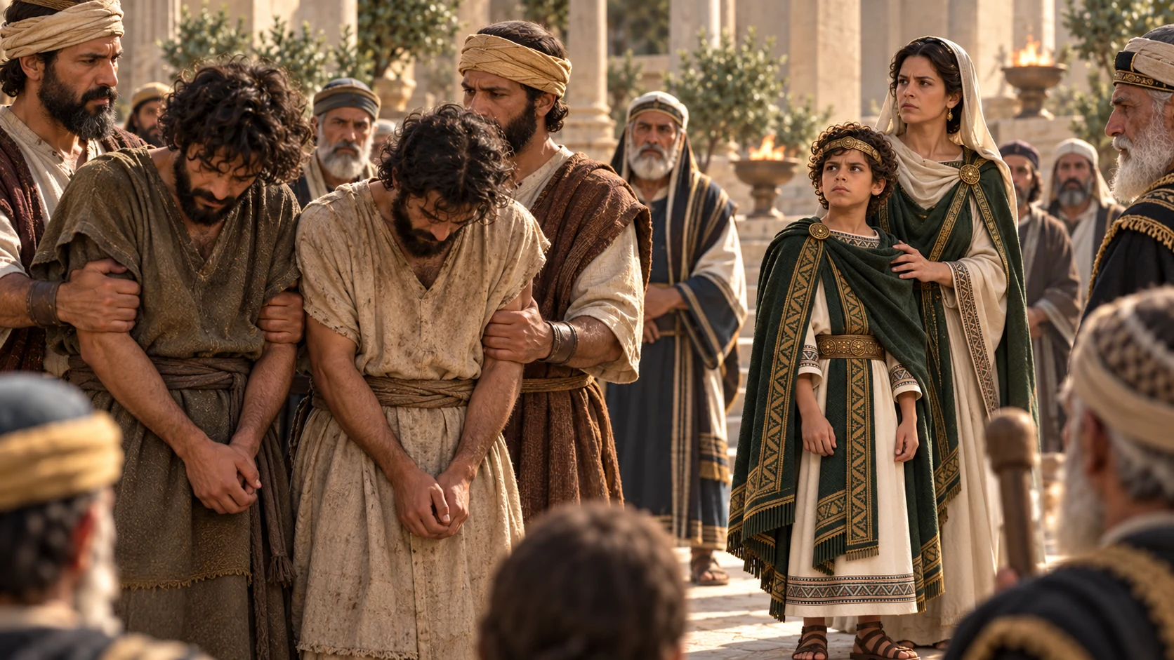 Judahite citizens and elders seize the conspirators without visible violence, while eight-year-old Josiah stands protected behind them.