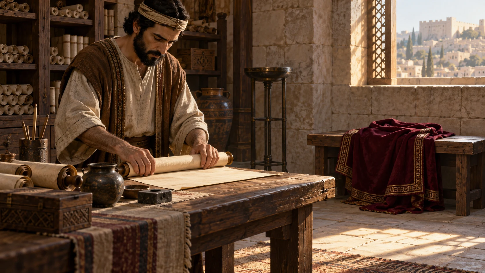 A scribe rolls an unlettered court record beside Amon's empty burgundy mantle; restrained transition scene.