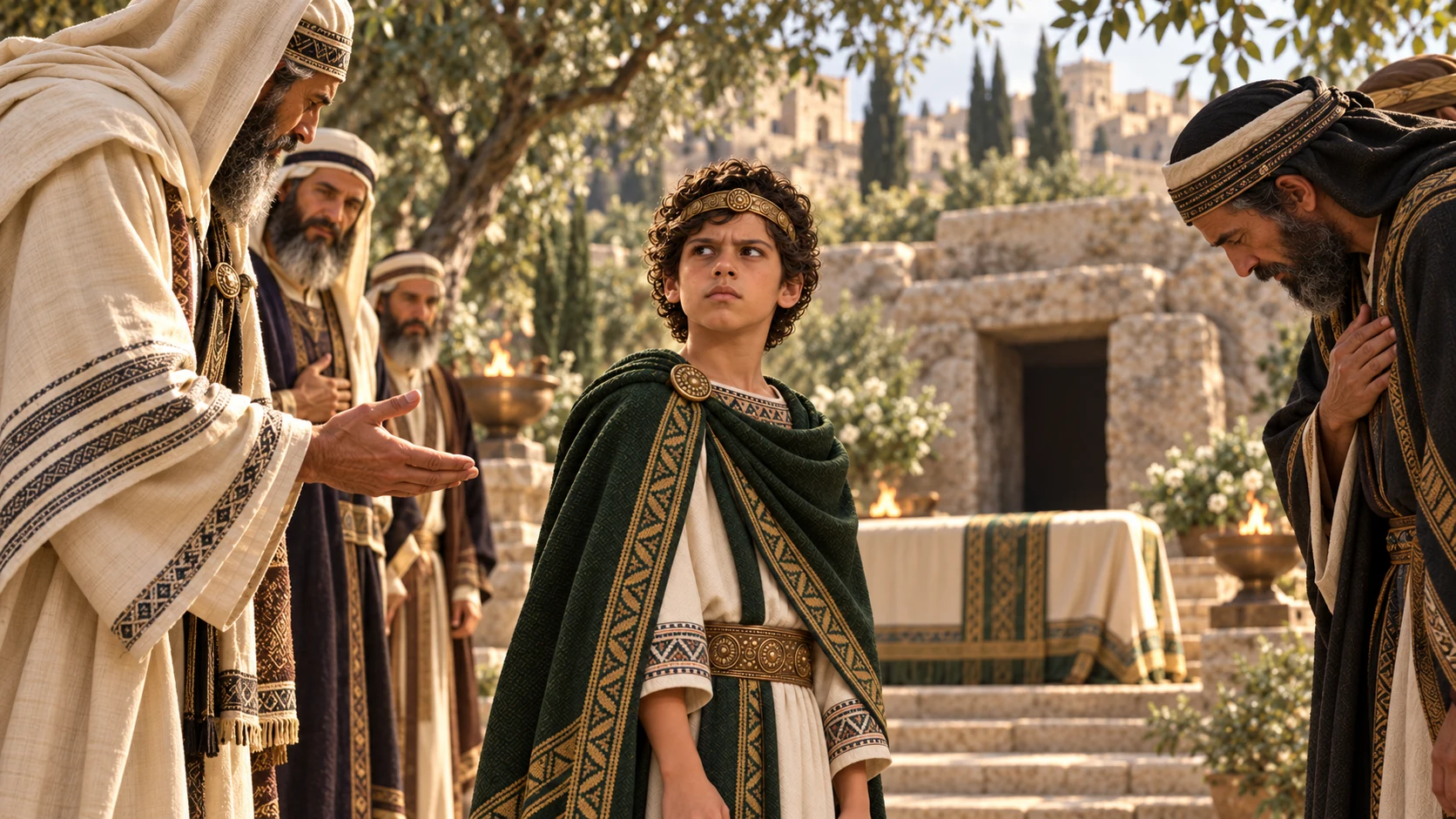 Eight-year-old Josiah in his green mantle stands before elders after Amon's respectful garden burial; clearly a child king.