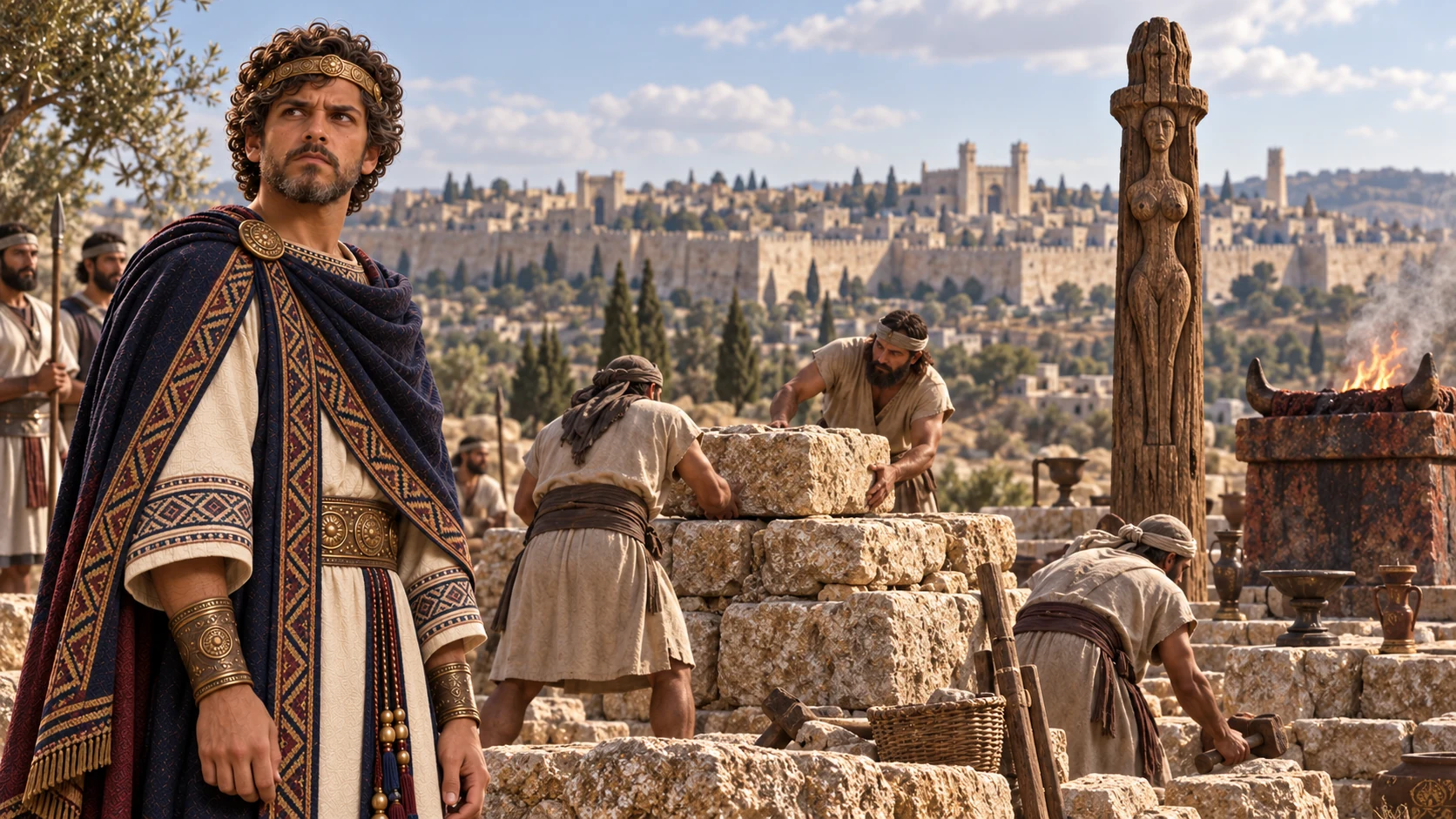 Workers rebuild a hilltop altar as adult Manasseh directs them; a separate carved post and celestial offerings are visible but not conflated.