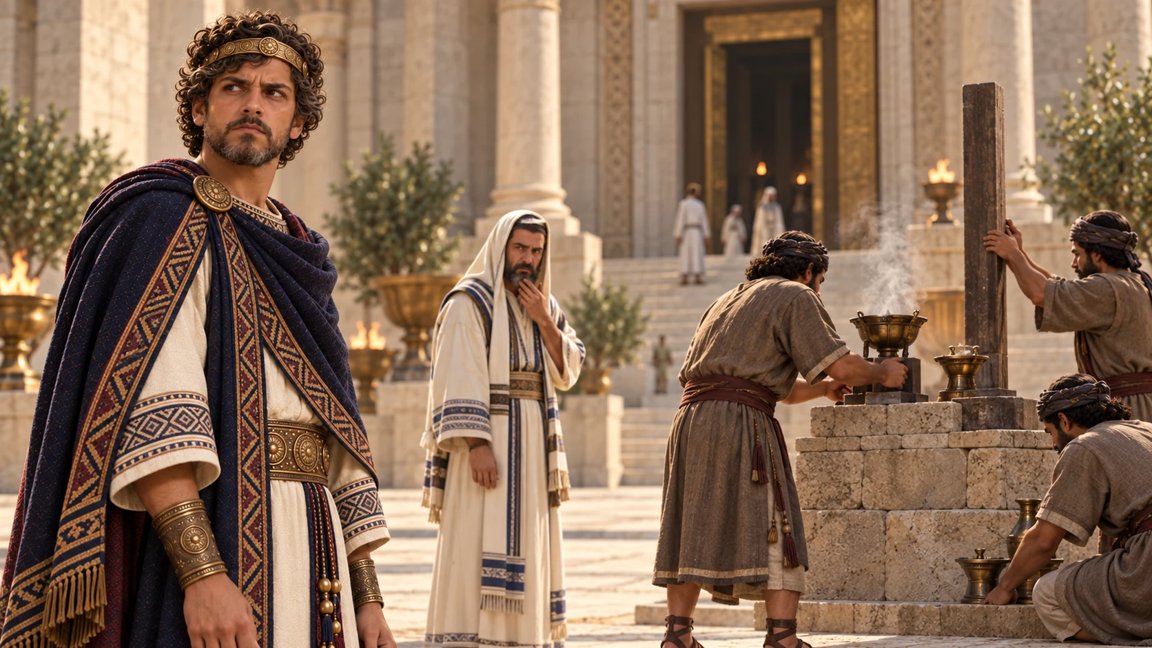 Adult Manasseh watches servants place a foreign altar within the Jerusalem temple court; the established sanctuary remains distinct.