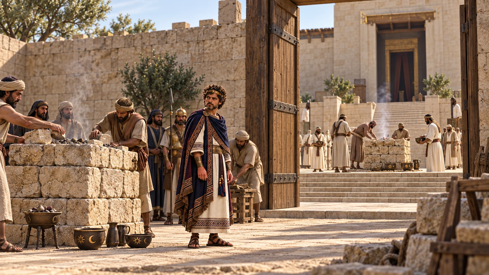 Wide view of two temple courts with multiple newly built altars under daylight; adult Manasseh and attendants are small for scale.