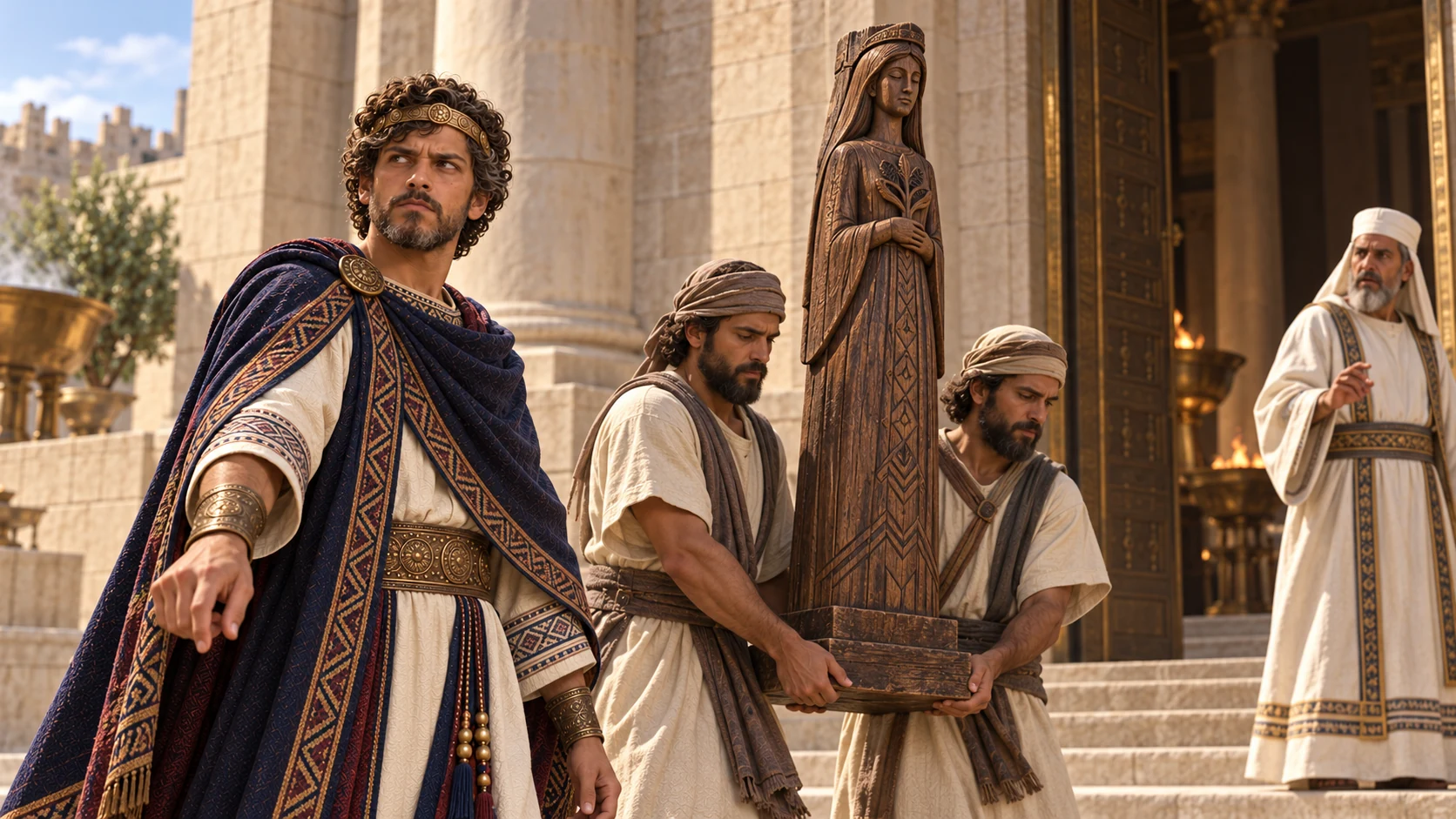 Adult Manasseh directs attendants carrying a single carved Asherah image into the temple; no personification of Yahweh.