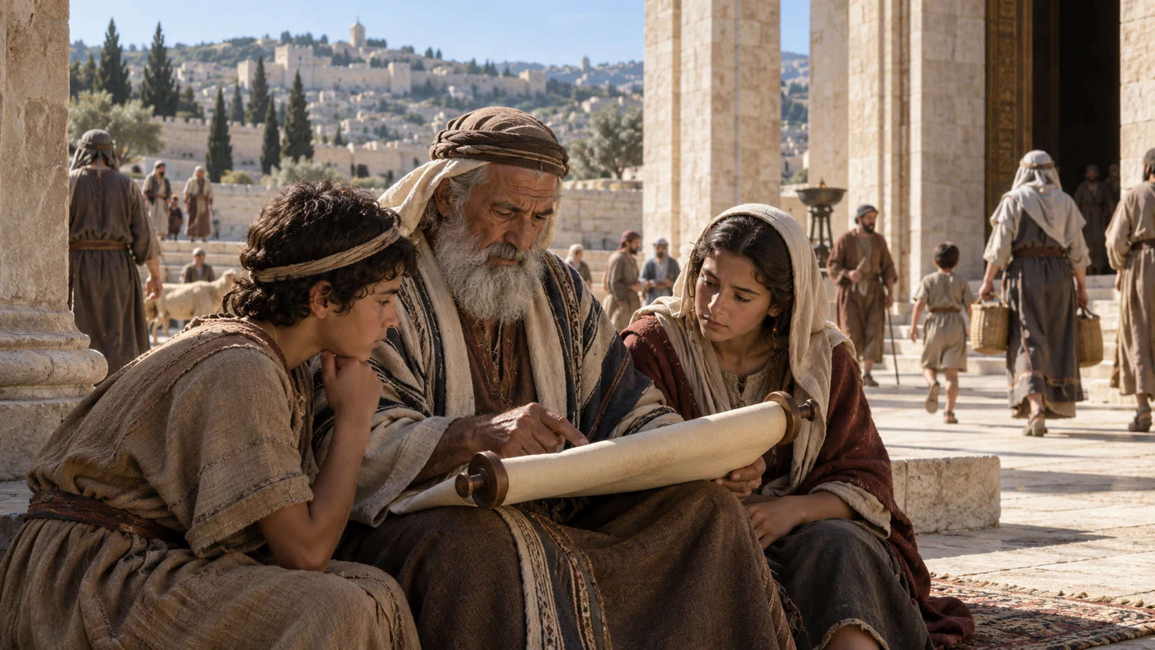 A faithful elder studies an unlettered scroll at the temple threshold while ordinary Jerusalem households pass beyond; keep this as recalled covenant, not new revelation.