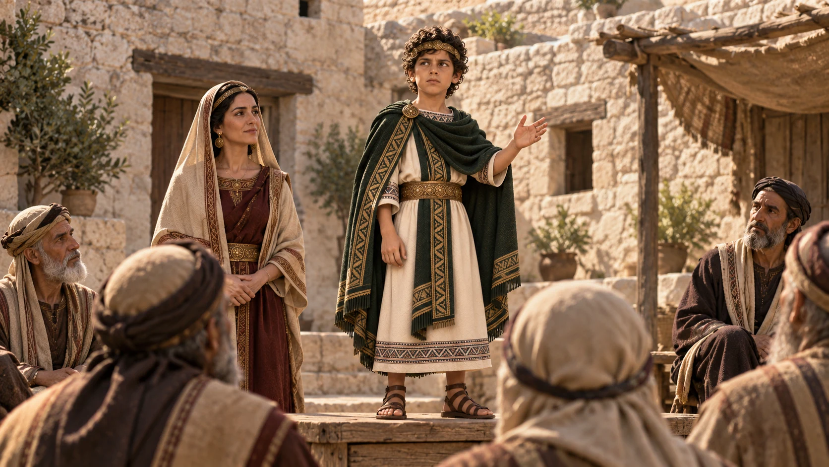 Young Josiah from chapter 21 stands before Judahite elders in his green mantle, with his mother Jedidah nearby.