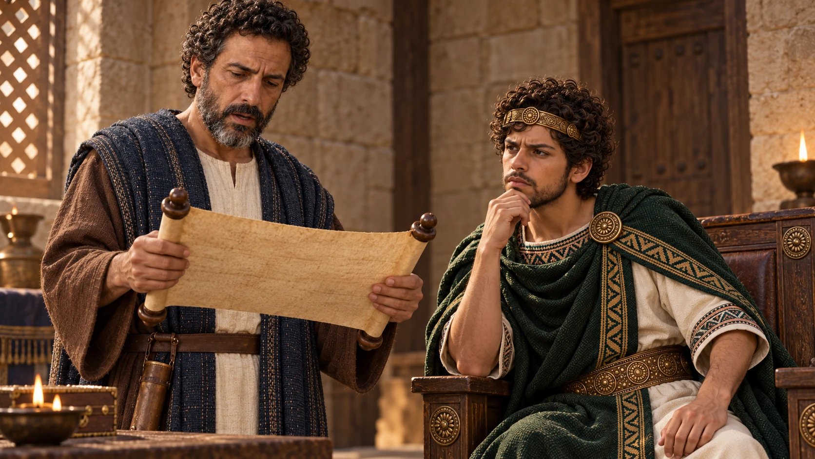 Shaphan reads from a scroll with no legible marks while adult Josiah listens closely, seated in a simple Judahite chamber.