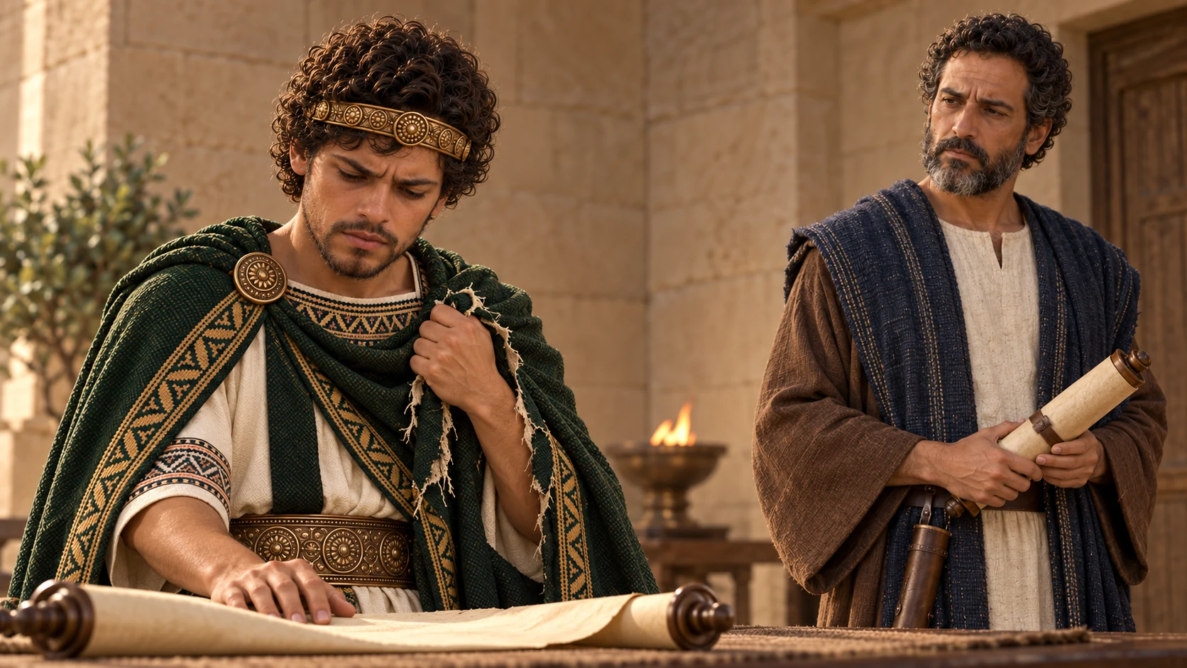 Adult Josiah grips and tears the front of his green mantle in grief; Shaphan stands nearby holding the unlettered scroll.